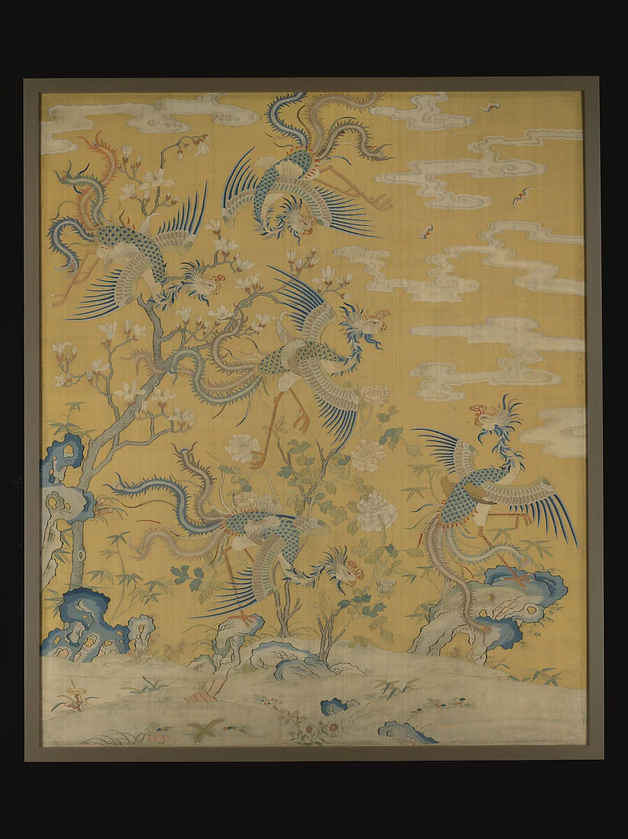 Five multicolored Chinese fenghuang birds woven into a yellow Qing dynasty imperial silk tapestry