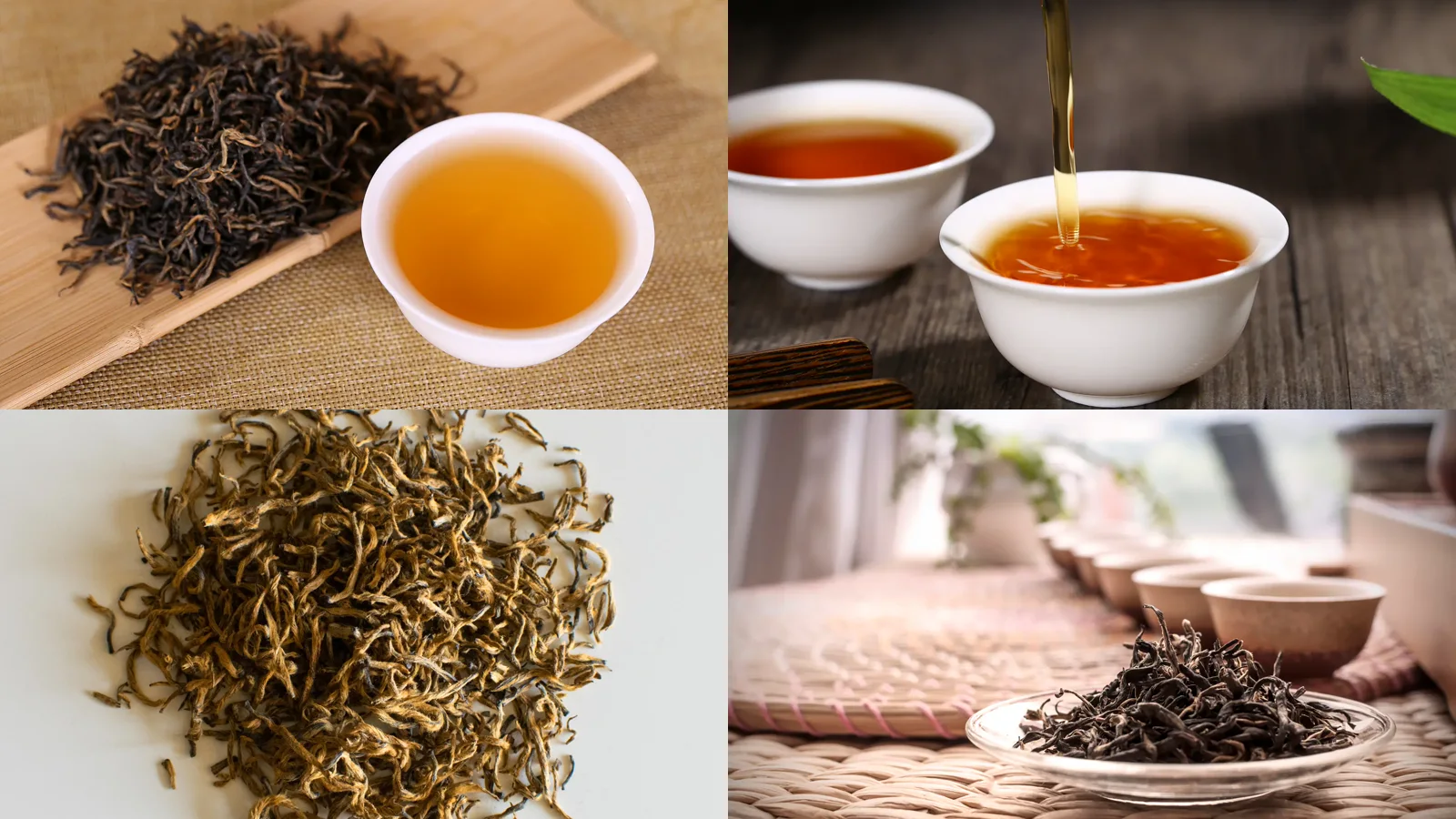 Four-panel Chinese black tea comparison showing dark twisted leaf, red liquor, golden buds and long dark leaf