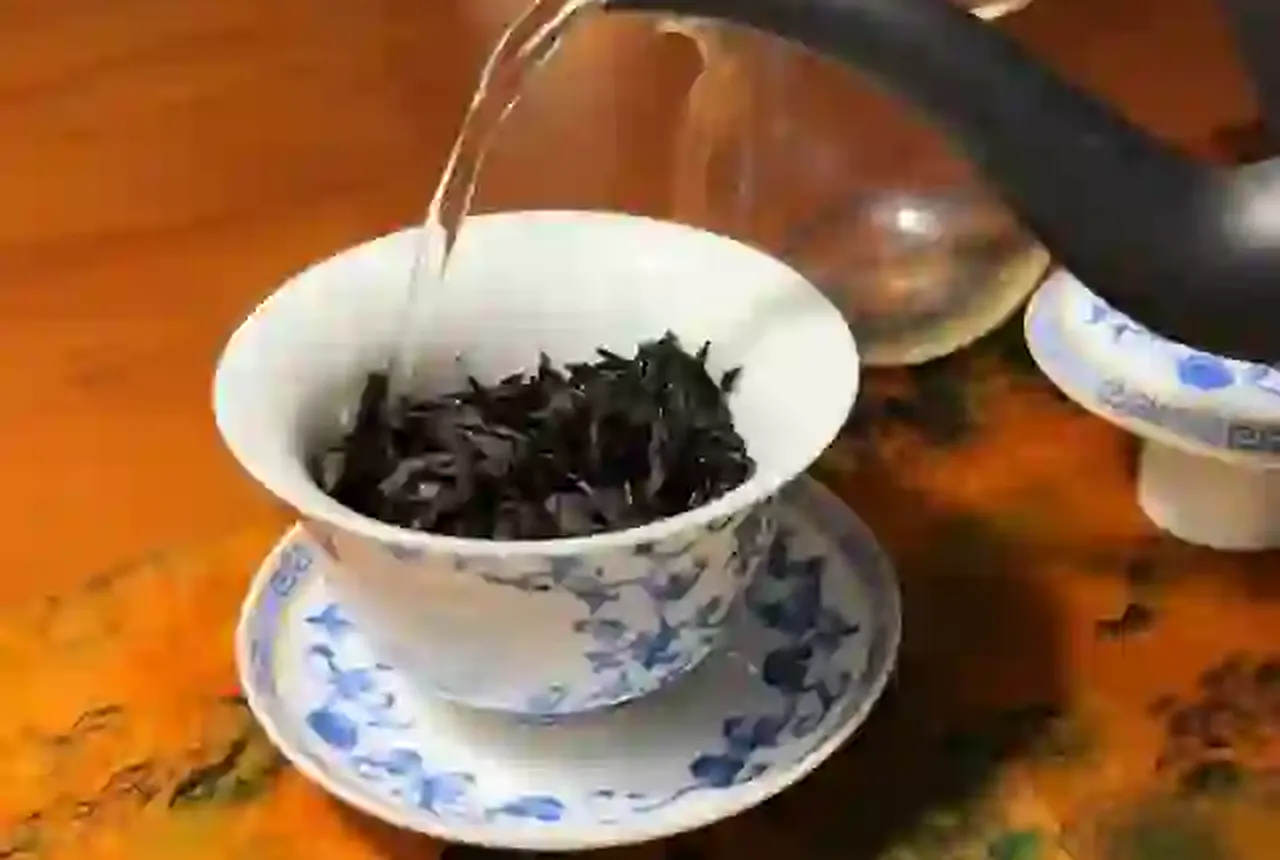 Hot water entering a real gaiwan containing dark twisted oolong leaf
