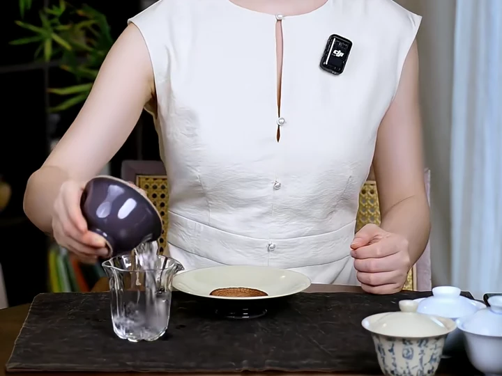 A practitioner completing a wrist-led gaiwan pour into a glass fairness pitcher