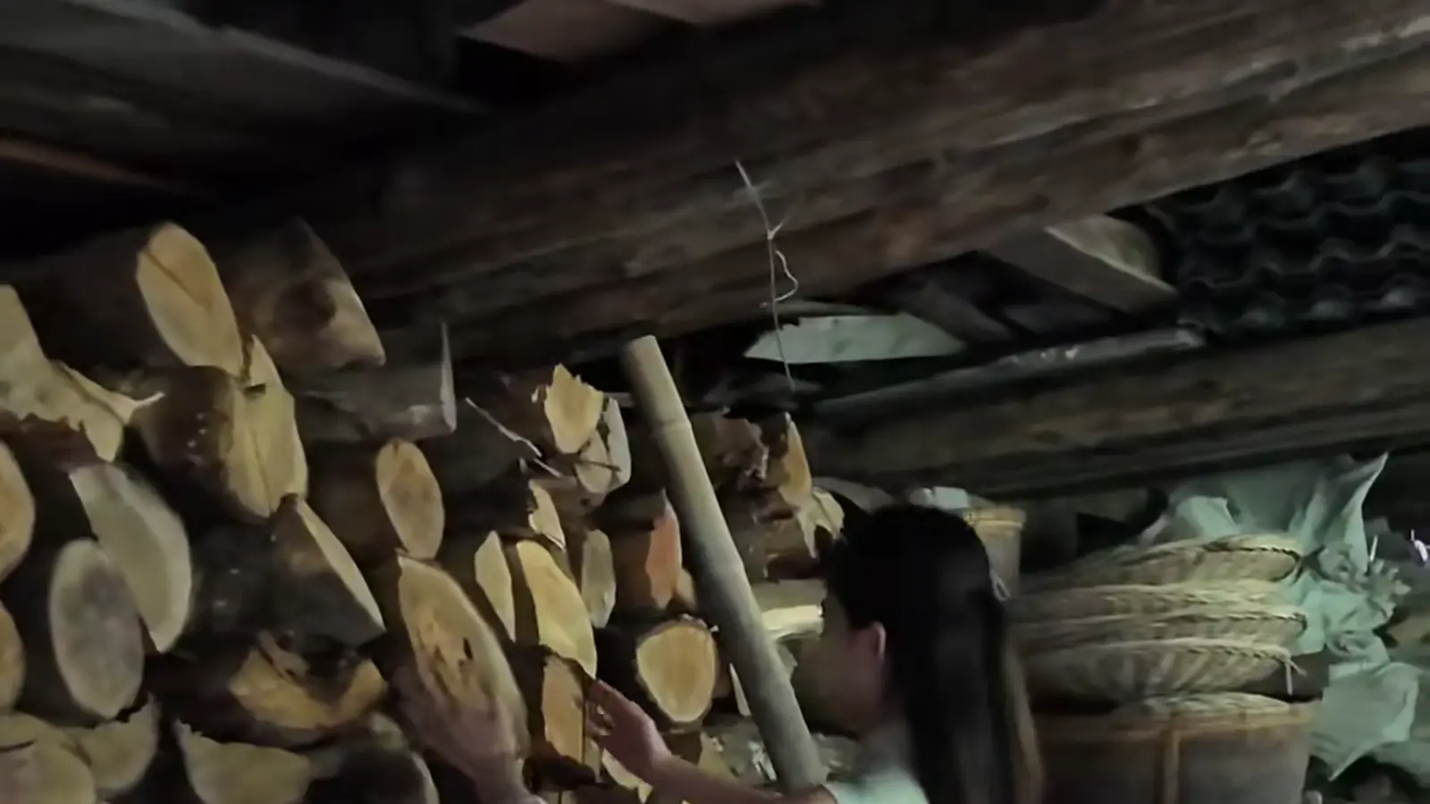 Visitor inside a wooden Tongmu tea-processing building beside stacked fuel wood