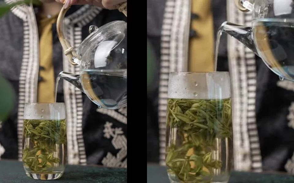 A two-frame real sequence showing hot water entering a glass and green leaves remaining immersed