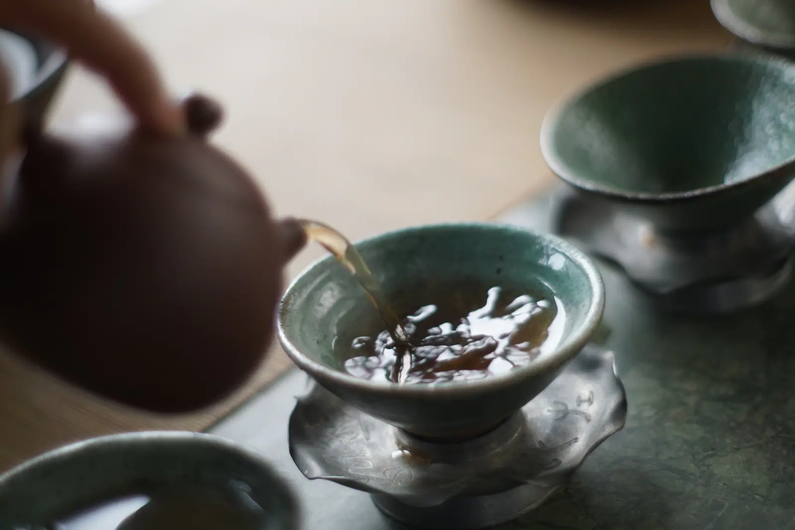 Rolled oolong leaves opening inside a porcelain gaiwan