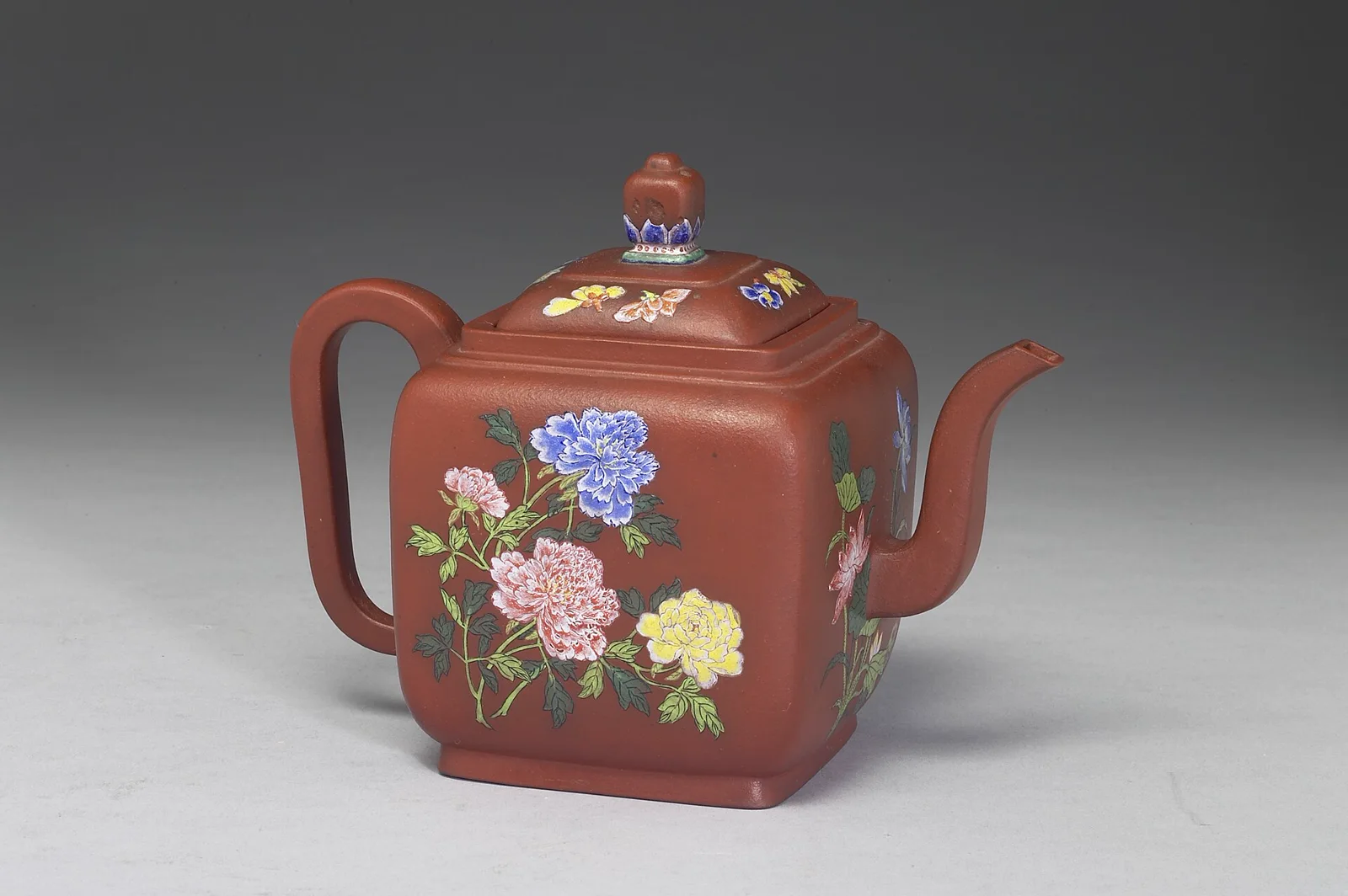 National Palace Museum square Yixing teapot with painted flowers of the four seasons, dated to the Kangxi reign