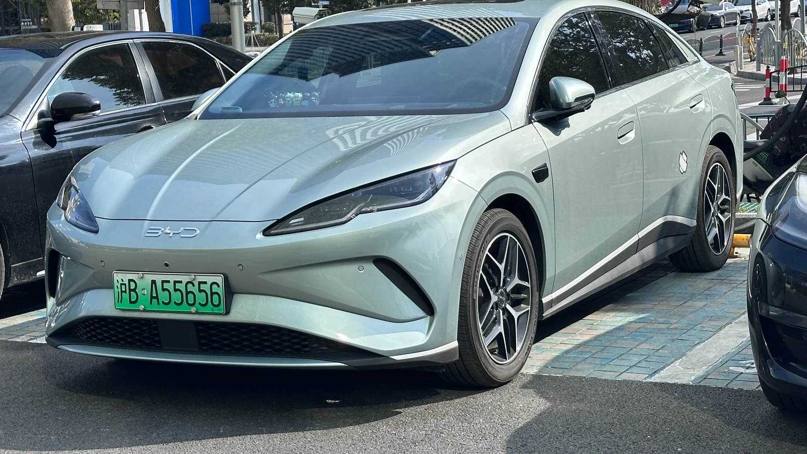 A BYD Seal 06 EV photographed on a Shanghai street, proving the vehicle exists without implying ordinary US sale or support