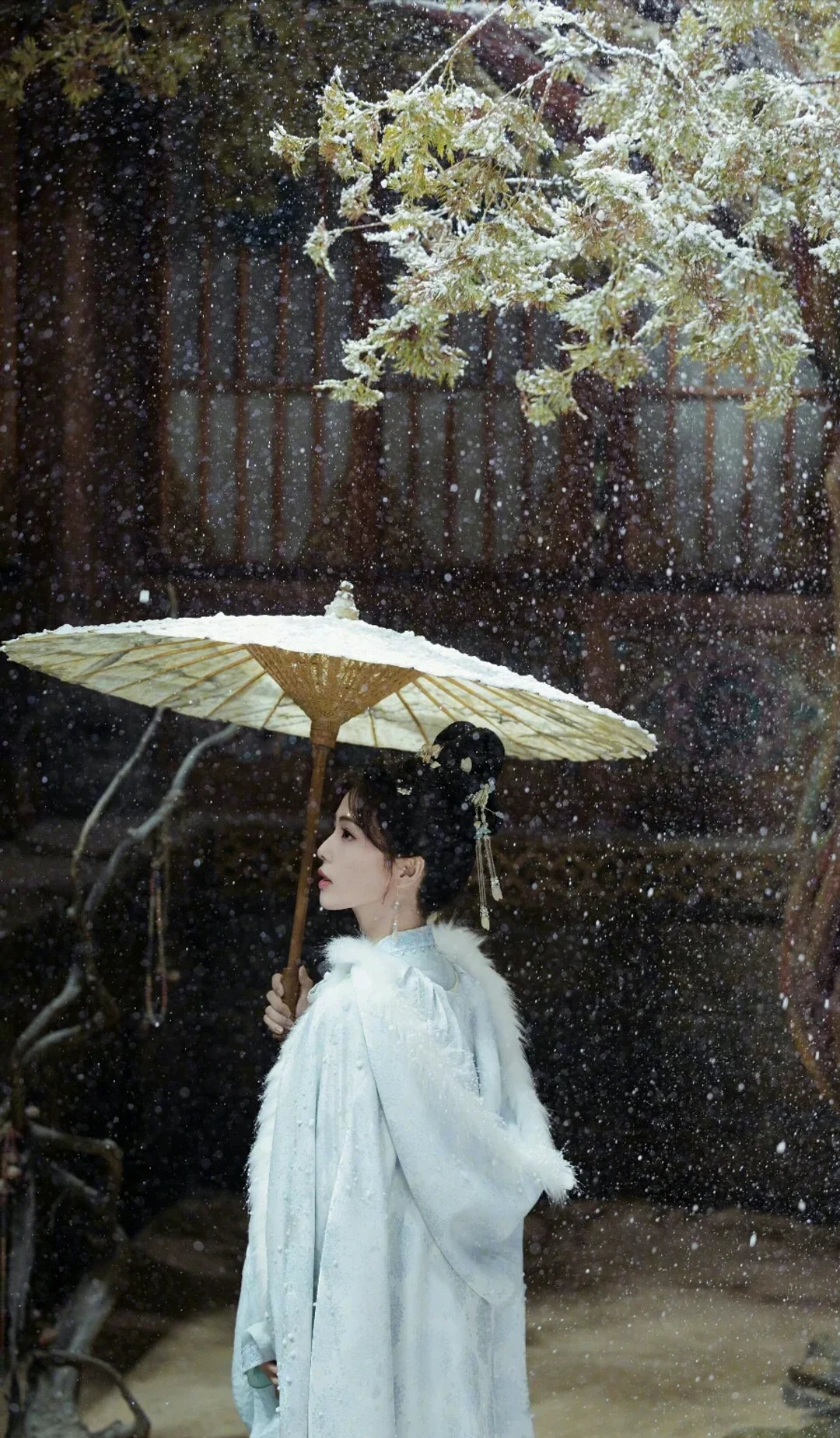 Story of Kunning Palace: Jiang Xuening stands beneath a paper umbrella in falling snow