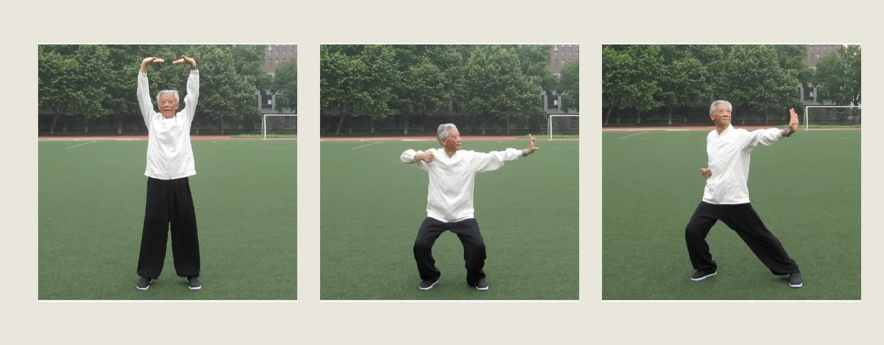 One Baduanjin practitioner demonstrating an overhead reach, bow-drawing stance and forward fist in three separate frames