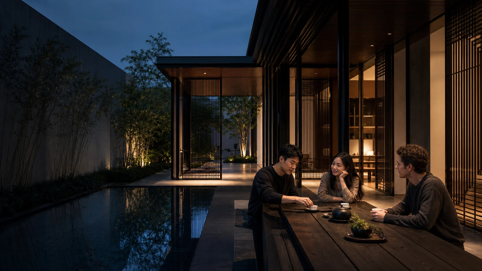 Chinese culture lived today as Chinese and international friends share tea in a contemporary courtyard