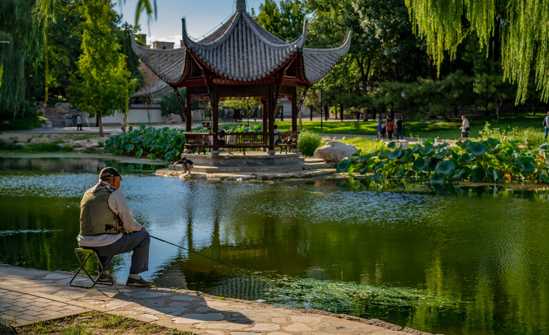 A Beijing park pond, pavilion and quiet sitter showing how designed landscape becomes ordinary public life