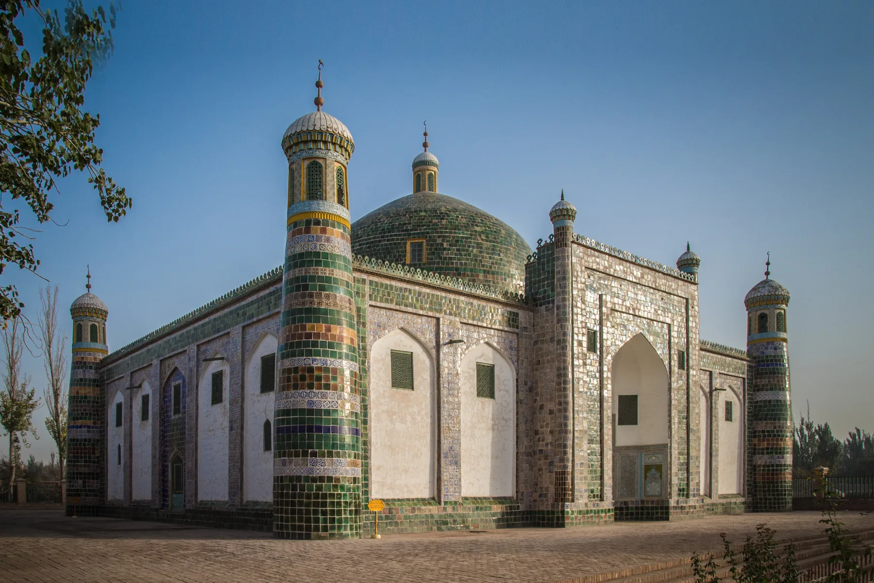 Glazed tile, domes and towers at the Apak Hoja Mausoleum in Kashgar