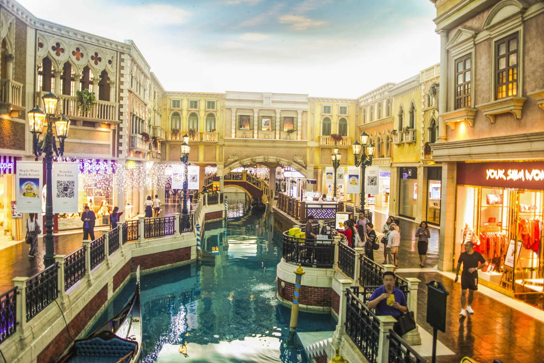 An indoor canal and retail street inside a large Cotai resort in Macau