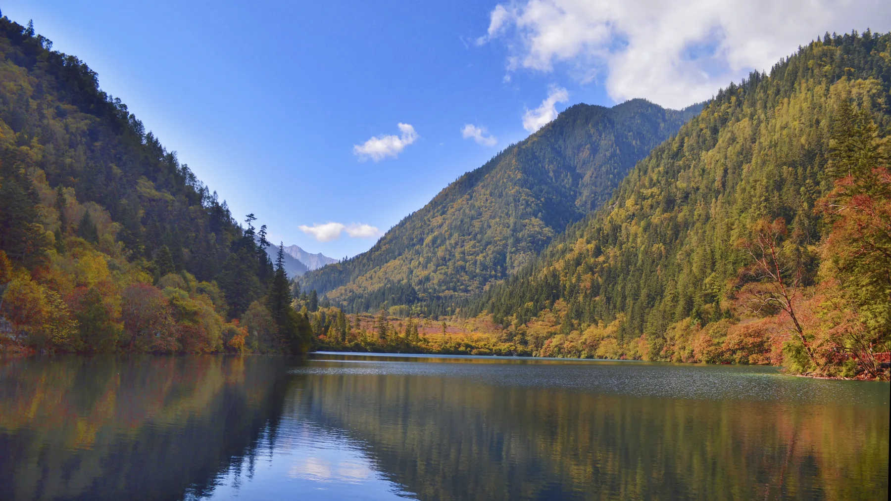 A broad Jiuzhaigou mountain lake surrounded by autumn forest