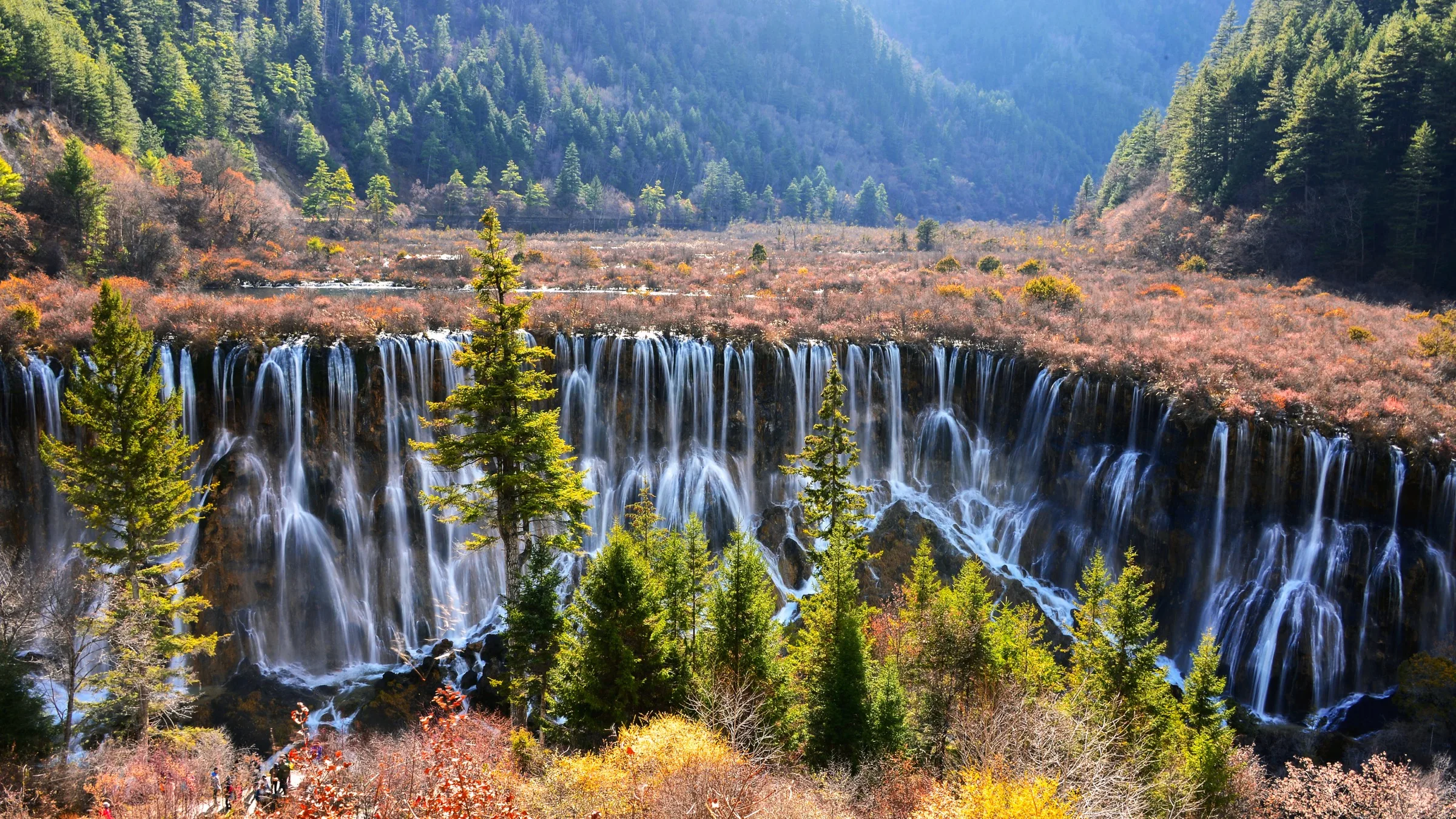 Broad curtain waterfall flowing through autumn forest in Jiuzhaigou