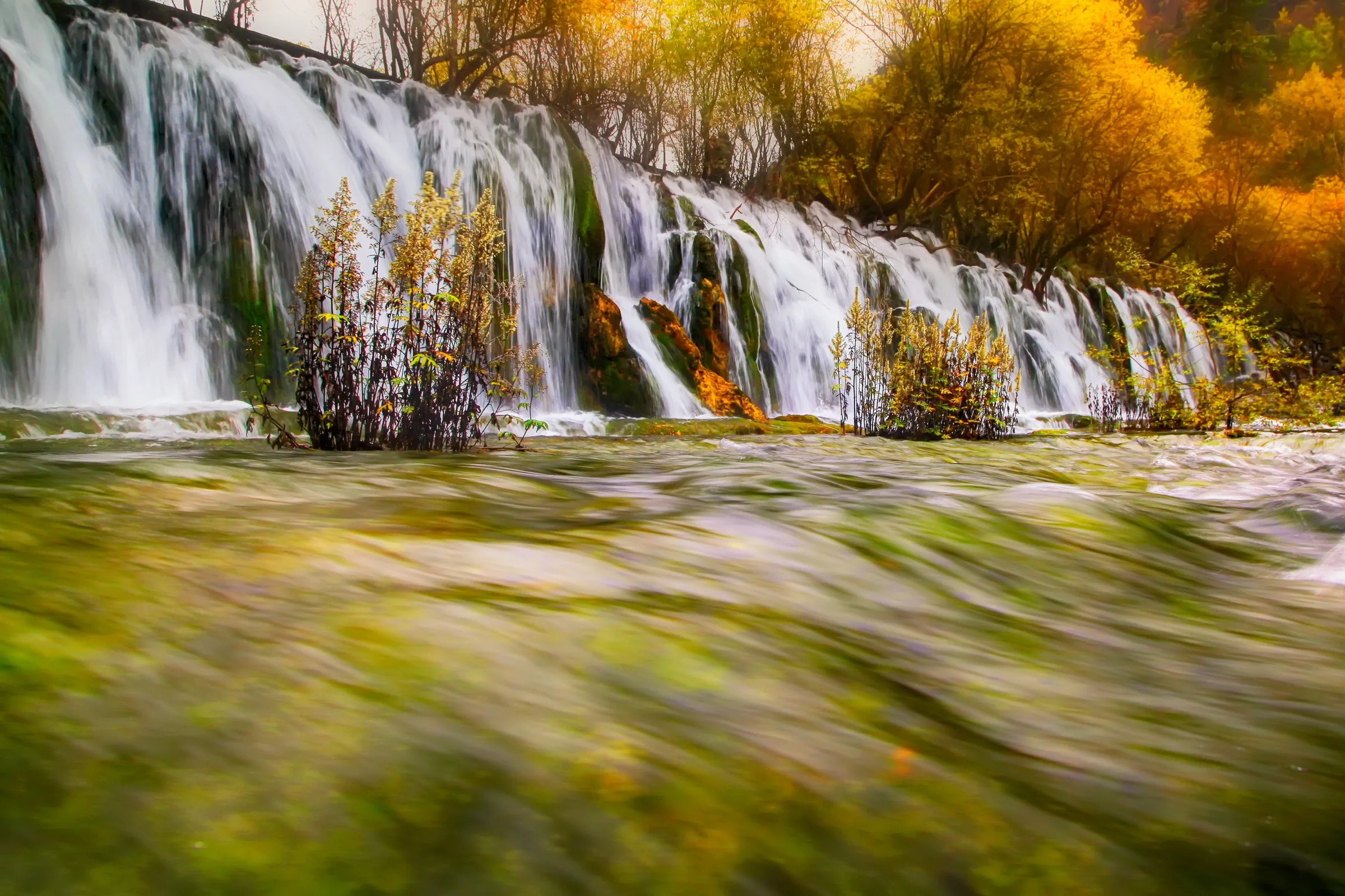 White waterfall flowing over a low forested ledge in Jiuzhaigou